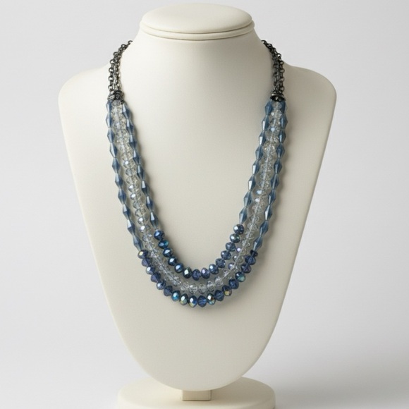 None Jewelry - 3 strand Beaded Blue Crystal Layered Necklace on Gunmetal 22” oval clasp